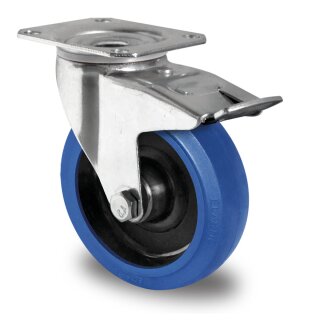 Lenkrolle mit Feststeller, 100 mm, Elastik Lauffläche, Blue Wheel